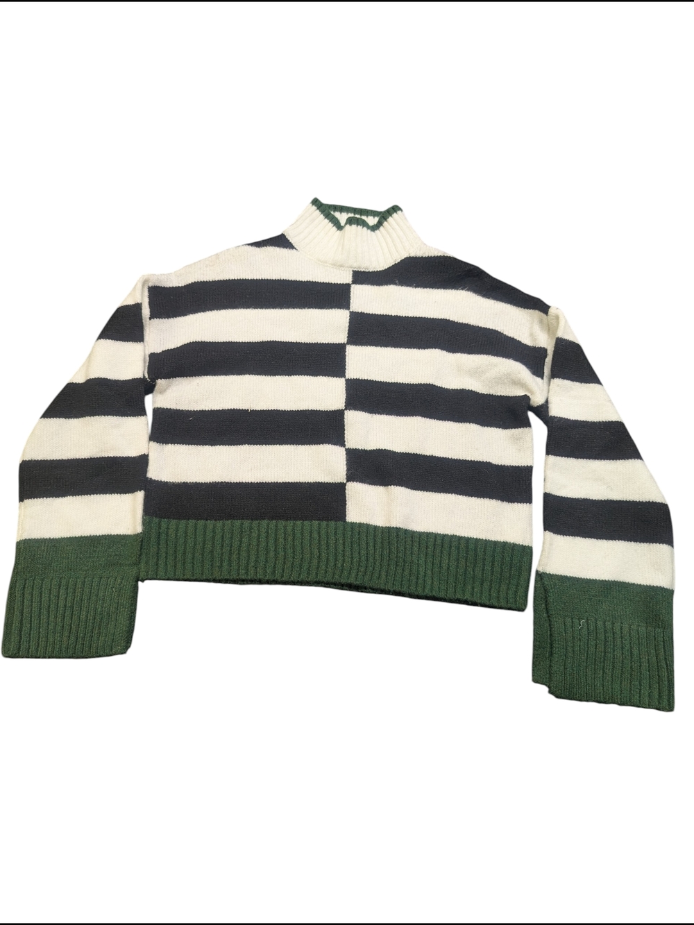William Rast Striped Mock Neck Sweater XS Black White Green Cropped Cozy